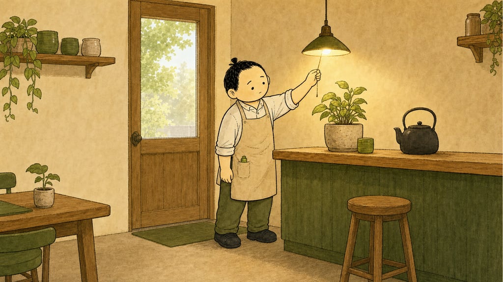 Interior: a tired young Japanese barista unlocking and switching on one hanging lamp over a wooden counter, kettle silhouette