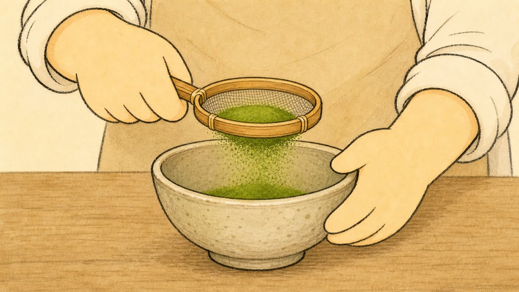 Close-up of careful hands warming a tea bowl and sifting bright green matcha powder through a small sieve