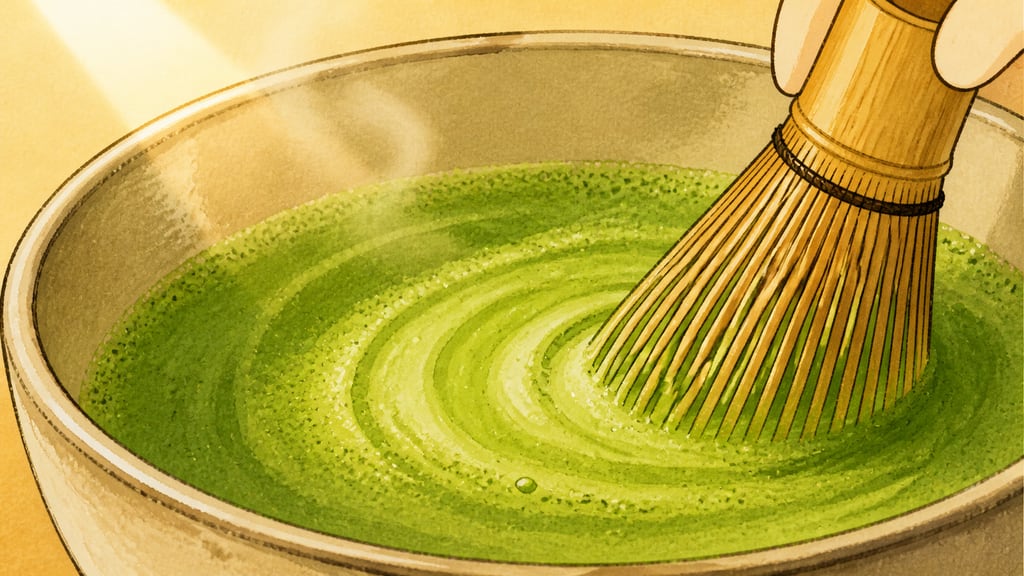 Macro shot of a bamboo whisk whisking matcha, perfect foam forming, steam curling through window light
