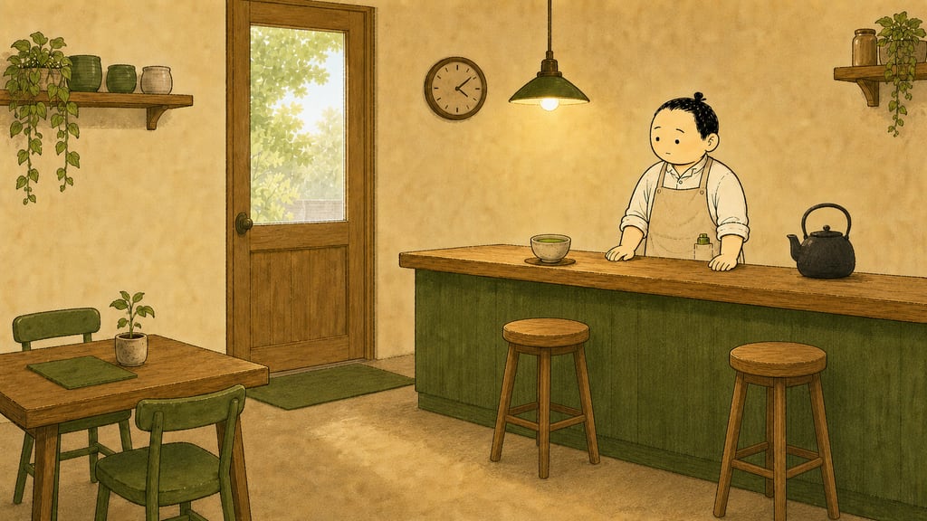 Wide interior: the barista alone behind the counter of a four-seat café, one perfect bowl of matcha, empty stools, clock on wall