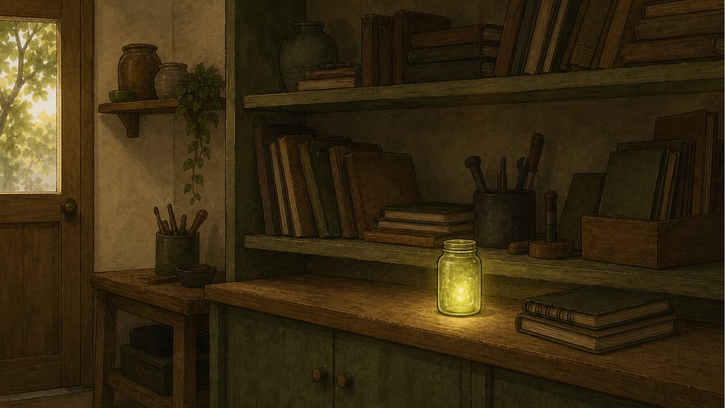 The dim back room: shelves of old notebooks and tinkerer's tools, one small glass jar of faintly glowing green dust