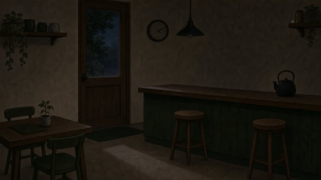 The dark empty café interior at night, and on the back shelf one tiny green pinprick of light