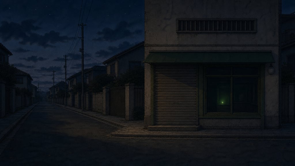 Closing frame: the whole dark street asleep, the café window holding one faint green glow