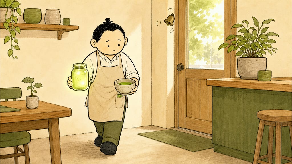 Morning interior: the barista carrying a glowing jar in one hand and a fresh bowl of matcha in the other, doorbell mid-ring behind him