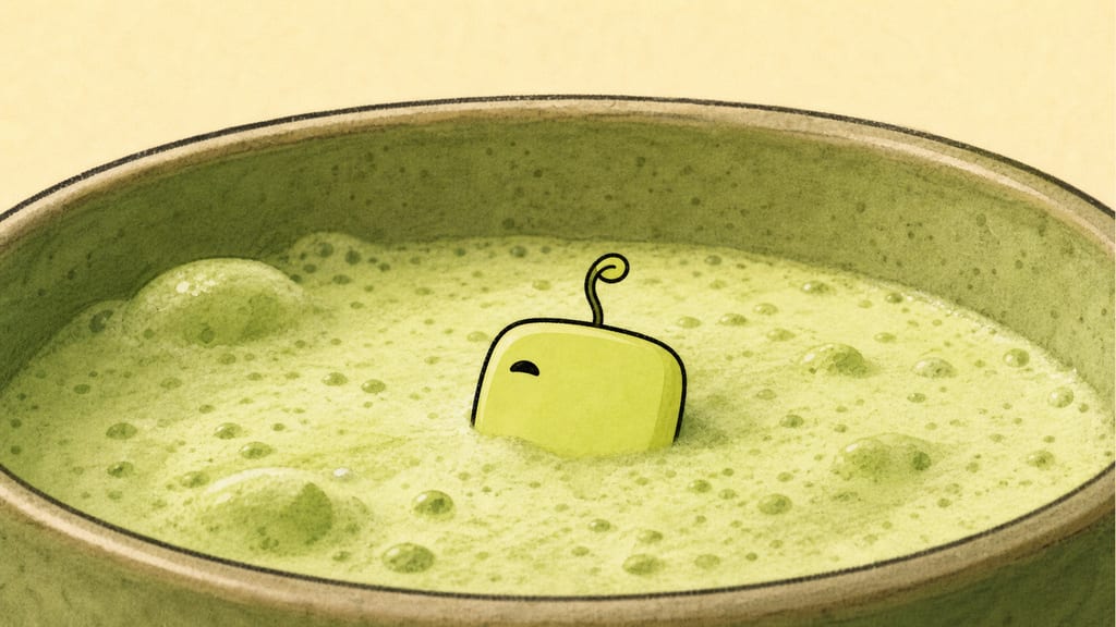 Extreme close-up of a tiny yellow-green Matji with one dark oval eye and a curled sprout peeking from foamy matcha.