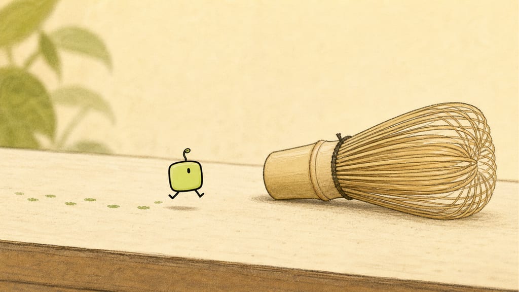 The tiny creature hopping along the counter leaving small green footprints, inspecting a bamboo whisk with approval