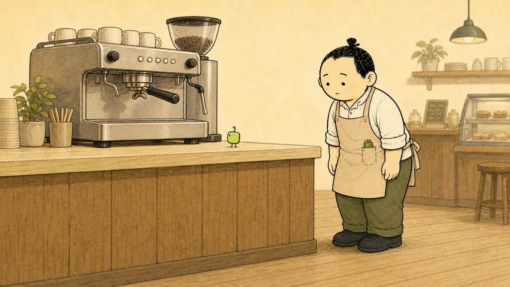 The creature staring up at a big espresso machine, unimpressed, the barista crouched following behind