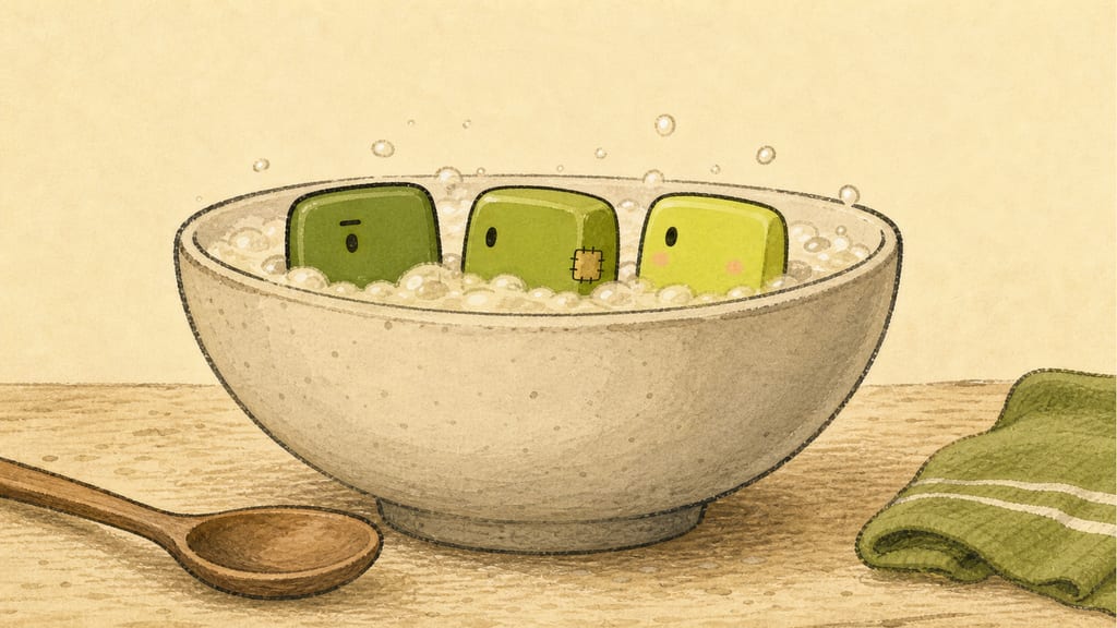 Reveal: three more small green faces blinking out of the same bowl