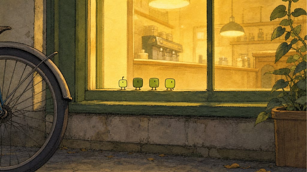 Closing frame: the shop window from outside, now glowing warm, four small shapes on the sill