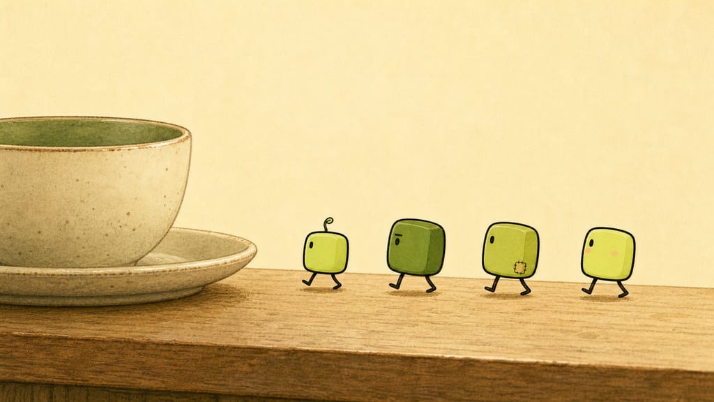 Four small green tea-bag creatures marching single file along a wooden counter like tiny inspectors
