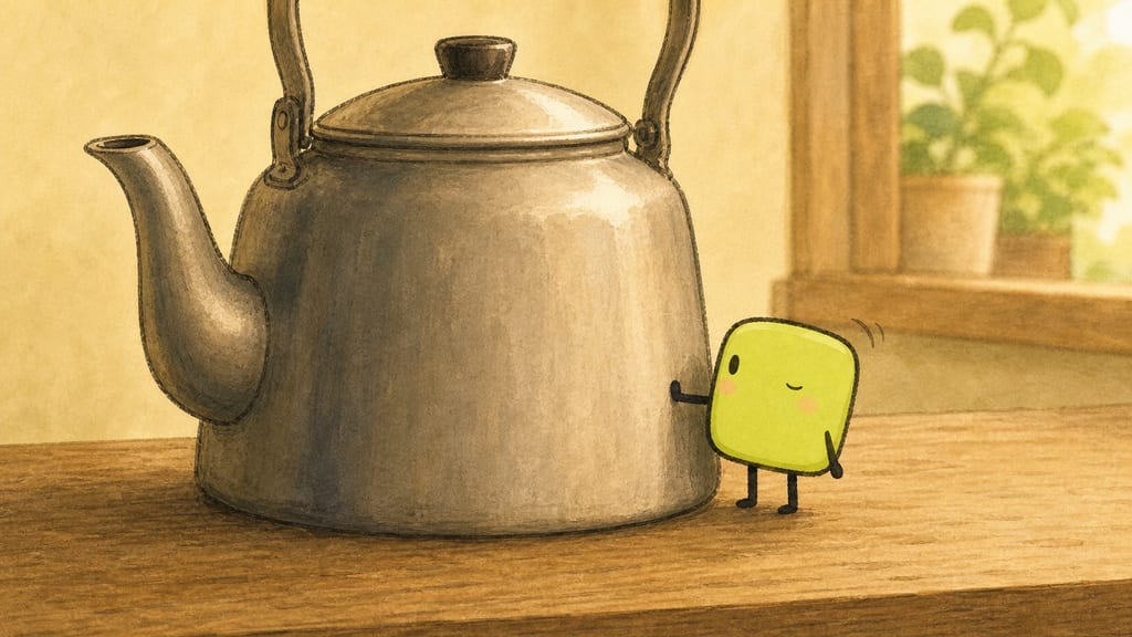 One creature pressing its whole arm flat against the kettle and nodding in approval
