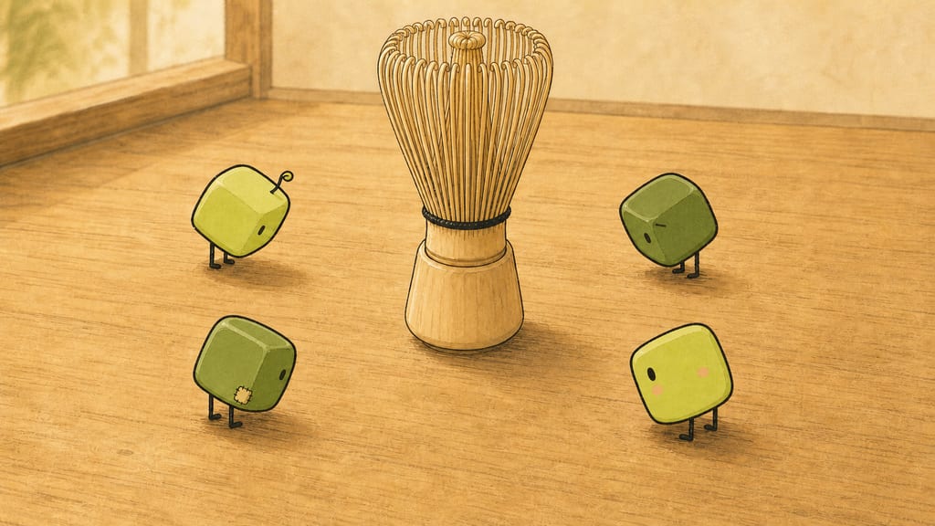 The four bowing reverently in a circle around a bamboo whisk on its stand