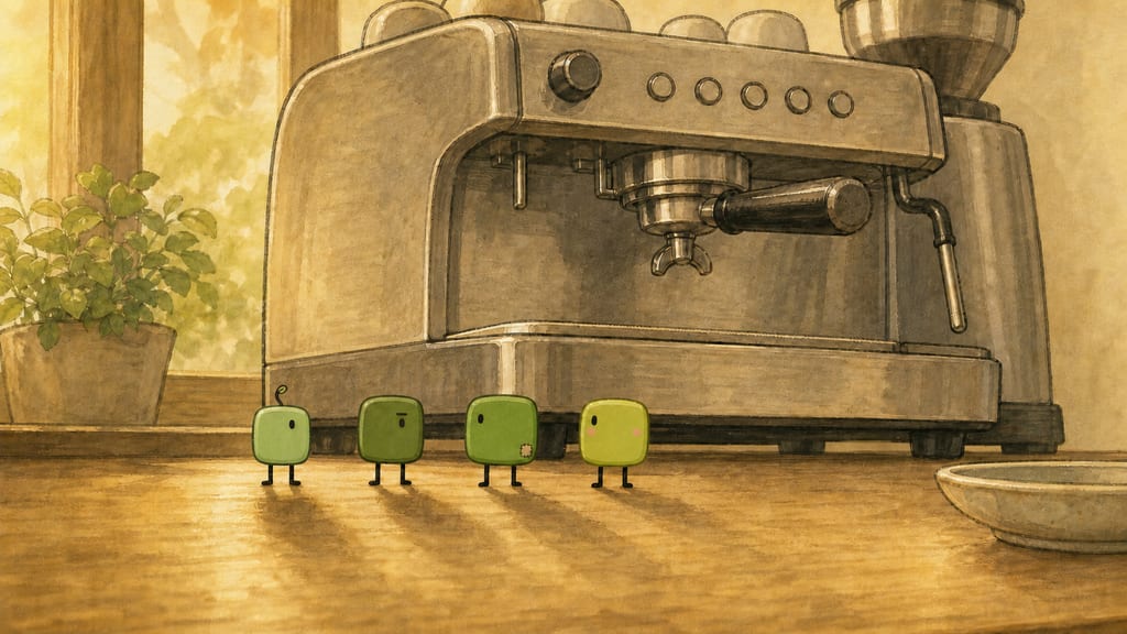All four standing motionless in front of a large espresso machine, staring, long shadows, judgmental silence