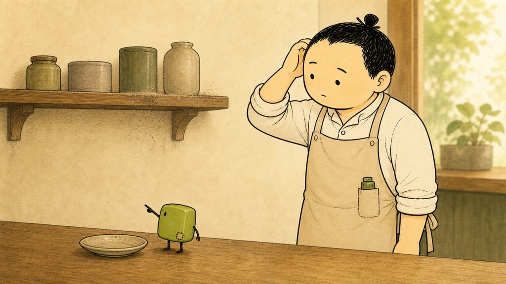 One creature pointing sternly at a dusty shelf while the barista scratches his head