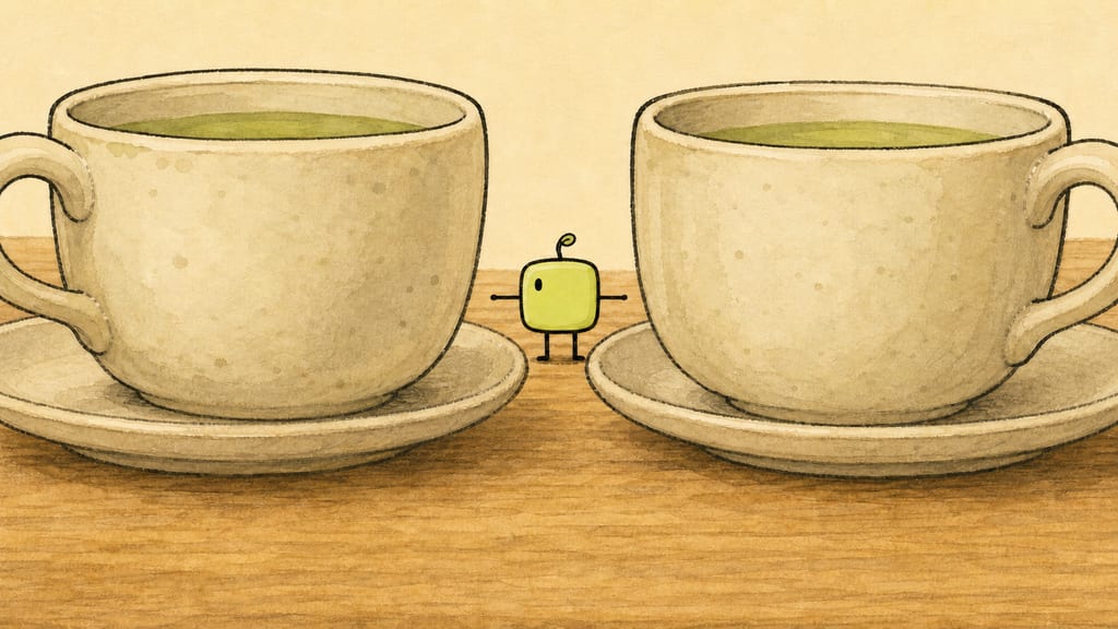 One creature measuring the gap between cups with its outstretched stubby arms