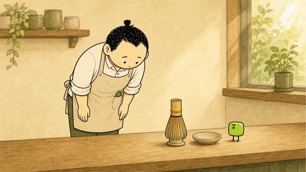 The barista apologising to the bamboo whisk with a small bow while a dark-green creature with a brow line supervises