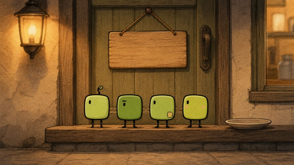 The four lined up proudly beneath a sign hanging on the café door, warm lamplight