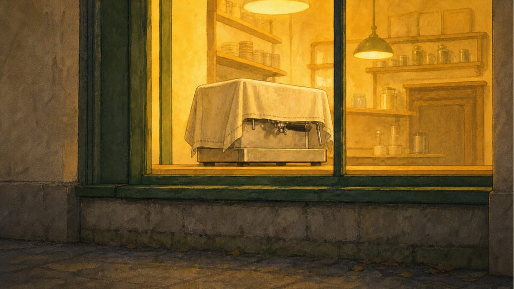 Closing frame from outside: the espresso machine in the window now wearing a tiny cloth cover, like retired furniture