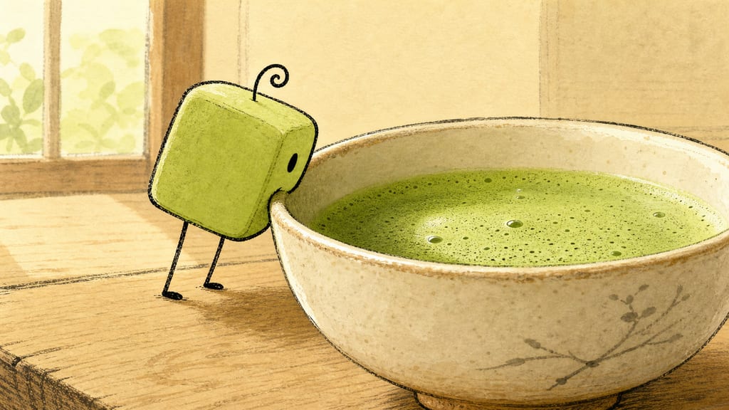 Macro: a small green creature leaning so close to a bowl of matcha its nose nearly touches the foam