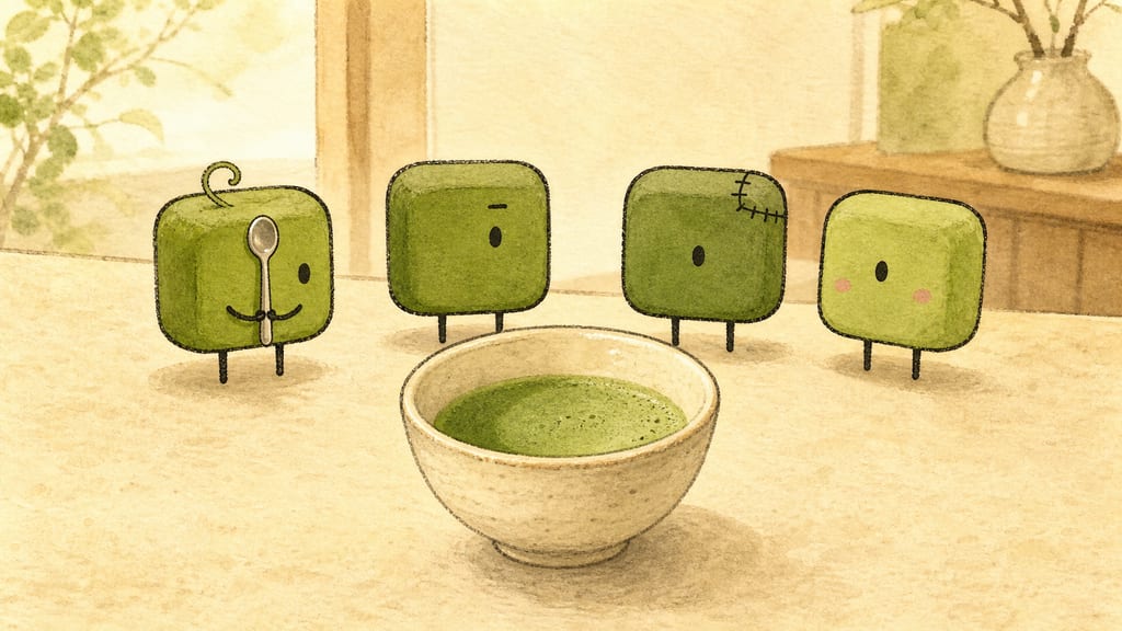 Title composition: four creatures around one bowl like judges at a tribunal, one holding a tiny spoon like a gavel