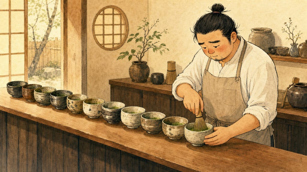 A numbered row of tea bowls stretching along the counter, the barista mid-whisk on another, determined