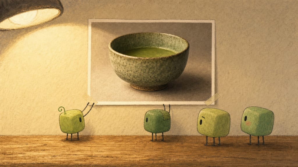 Closing frame: two creatures adjusting the photo's corners while the others supervise, warm lamplight