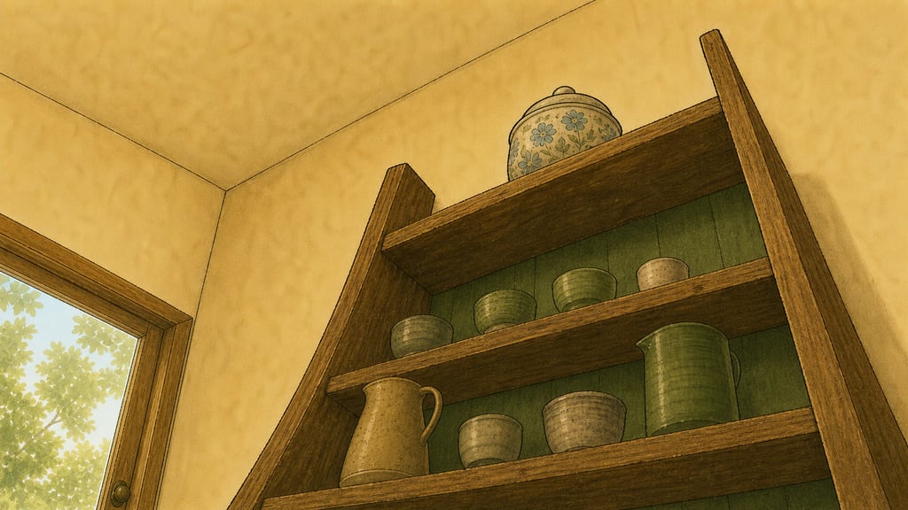 Low-angle dolly view up a set of café shelves to a beautiful tea caddy glowing on the top shelf, impossibly high