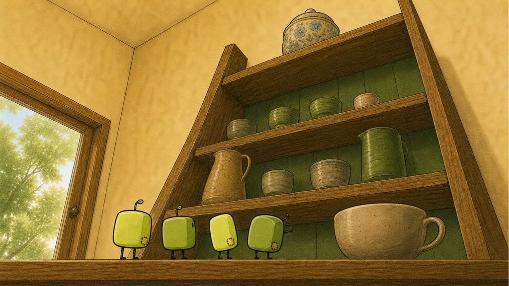 Four small green creatures gazing up from the counter, tiny beside the tall shelves