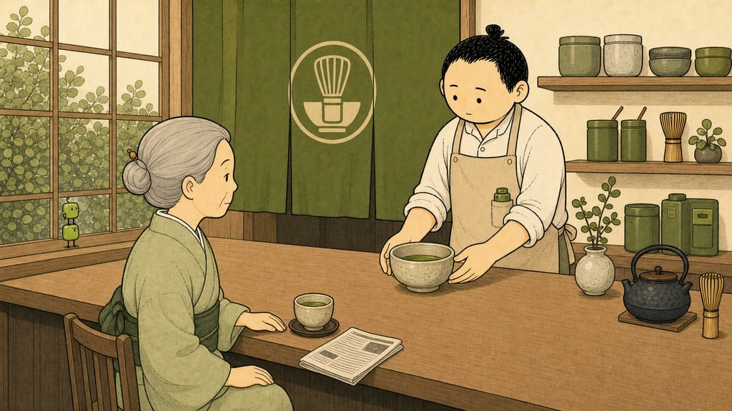 Background gag: a two-creature stack gliding past a window like a periscope while the barista serves a dignified grandmother in the foreground