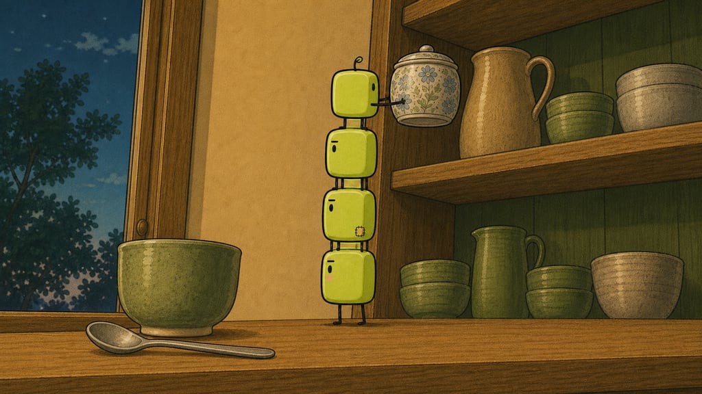 Dusk heist: the four-stack reaching the top shelf, top creature's arms around the prized tea caddy