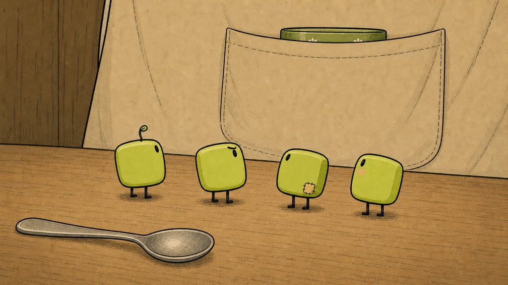 Closing frame: all four staring at the apron pocket with identical calculating expressions, new summit identified