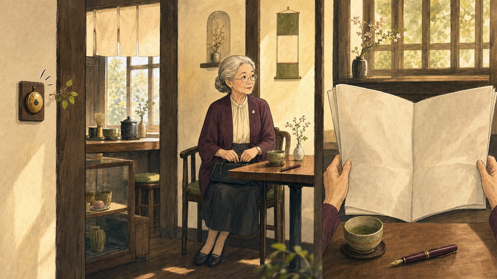 Thursday ritual triptych-style frame: café doorbell, a dignified Japanese grandmother settling into her usual seat, newspaper snapping open