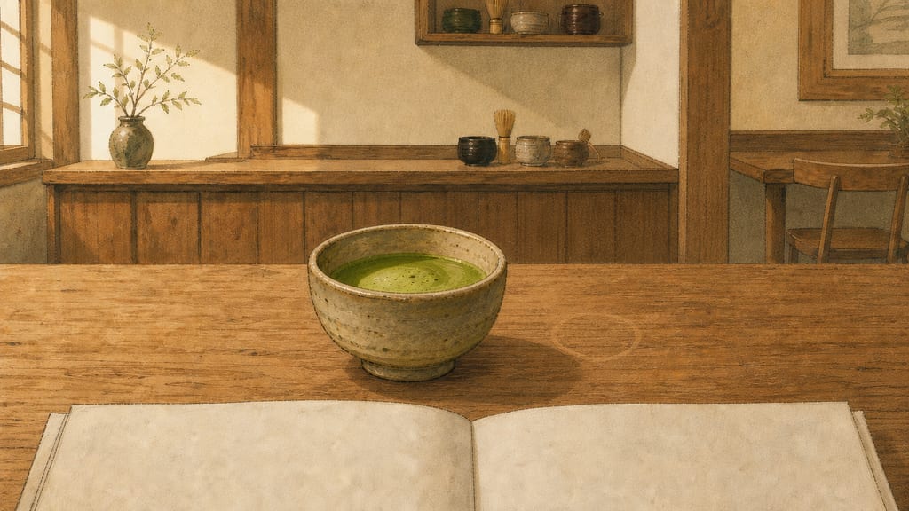 The same view but the cup two centimetres to the left, newspaper edge beginning to lower, suspicious