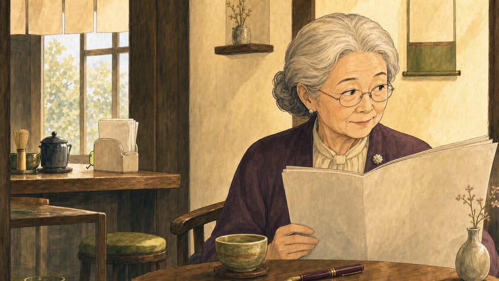 Background: a small green corner of a creature disappearing behind a napkin holder, foreground her narrowing eyes