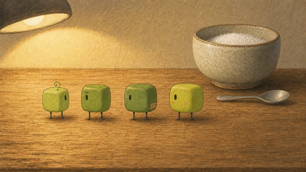Four small green creatures on the counter frozen in statue poses like a row of garden ornaments, blank innocent faces