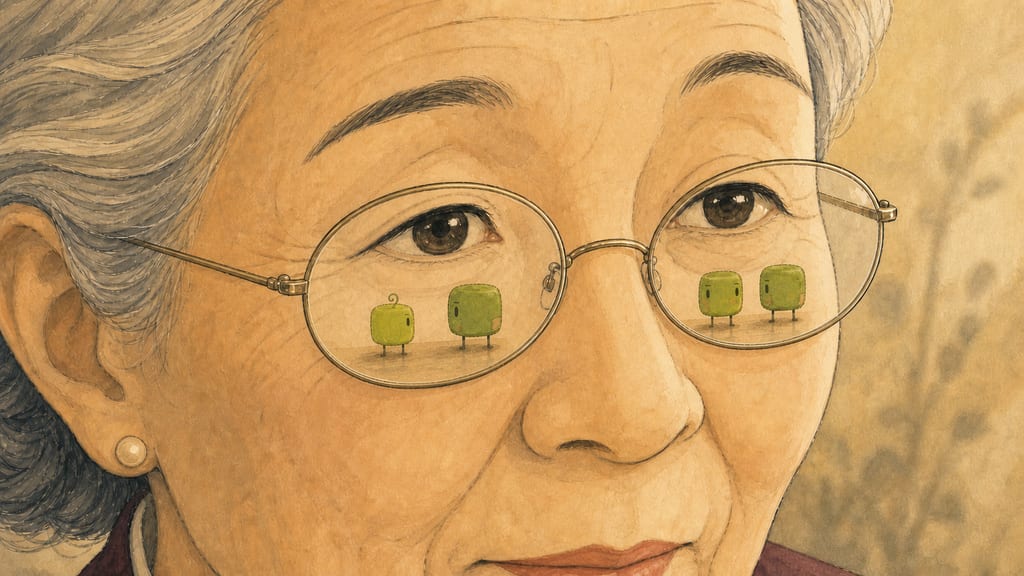 Close-up intercut composition: her glasses reflecting four tiny motionless silhouettes