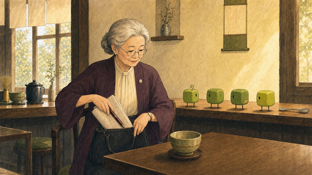 She finishes her matcha and gathers her things, four statues holding for their lives on the counter behind