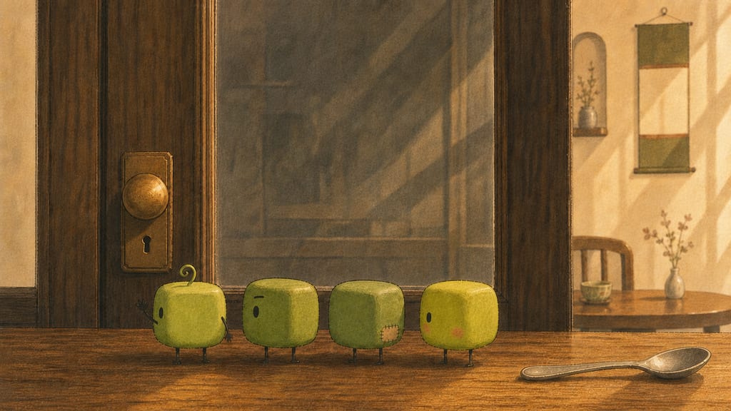 Closing frame: four statues, one tiny arm waving at the closed door, warm afternoon light
