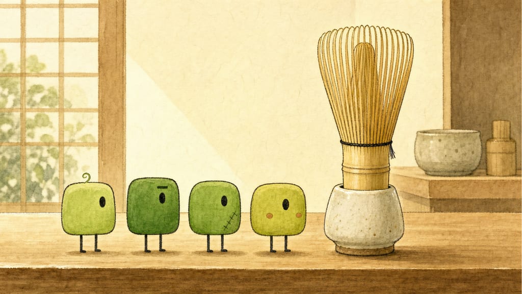 Four small green tea-bag creatures standing at attention beside a bamboo whisk that towers over them like a monument
