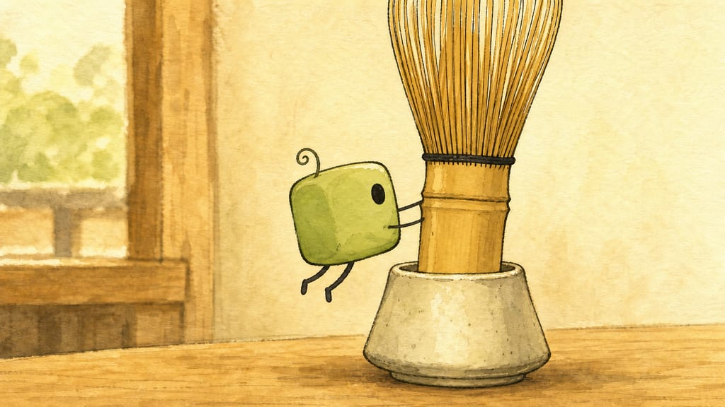 One creature gripping the whisk handle with its whole body, feet off the ground, straining