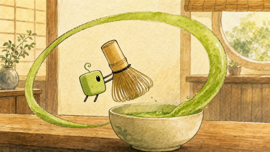 Chaos: a rope of matcha foam lassoing over the counter, the creature spinning with the whisk