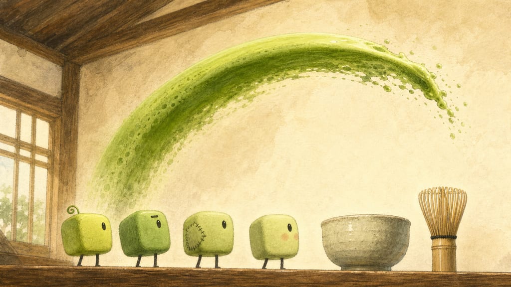 A majestic arc of green foam flying across the café toward the ceiling, all eyes following it