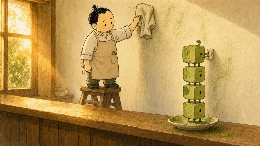 Golden-hour cleanup: the barista on a stool with a cloth, the creature-tower reaching the corners, everyone flecked green