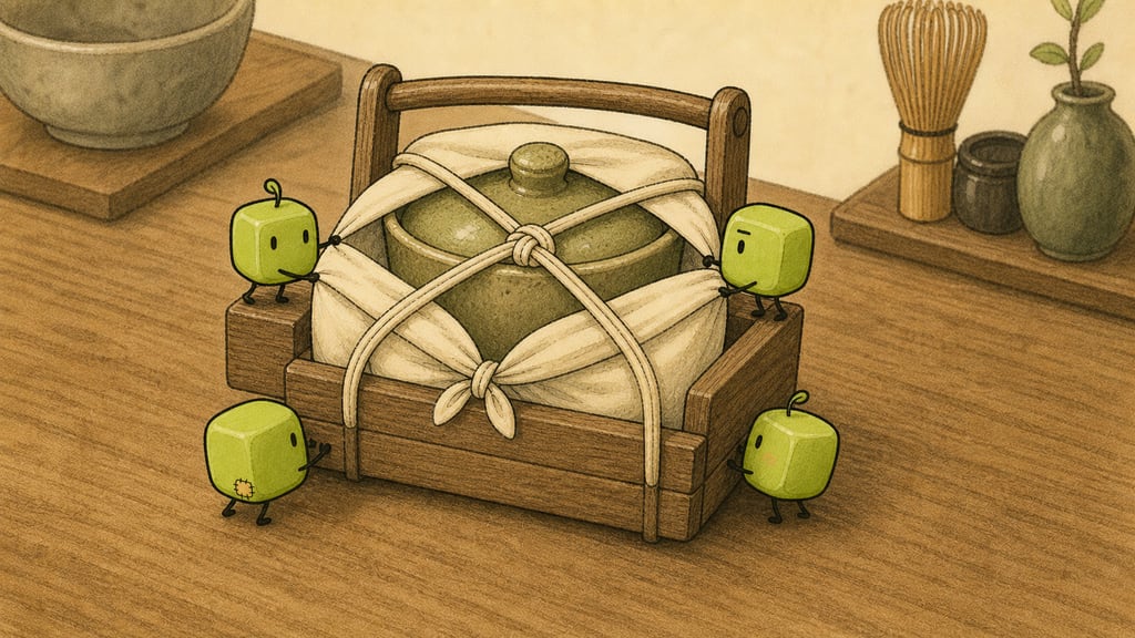 Packing: a tea cup secured in a wooden carrier with cloth and precise knots, small hands helping