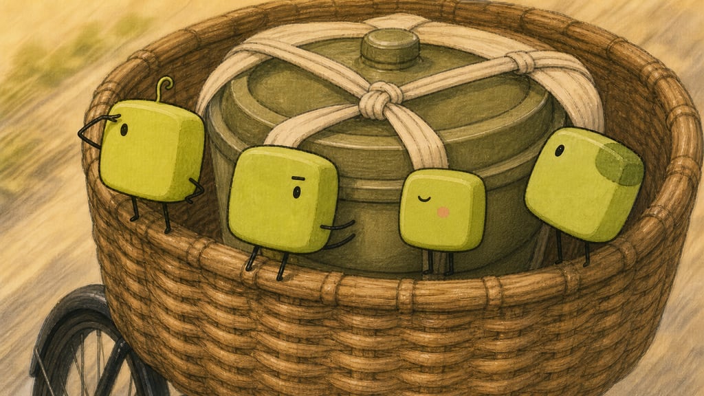Crew close-up: one creature shading its eyes watching the road, one hugging the wrapped cup, one gazing up at the sky, the tiniest pressed against the cup's warm side
