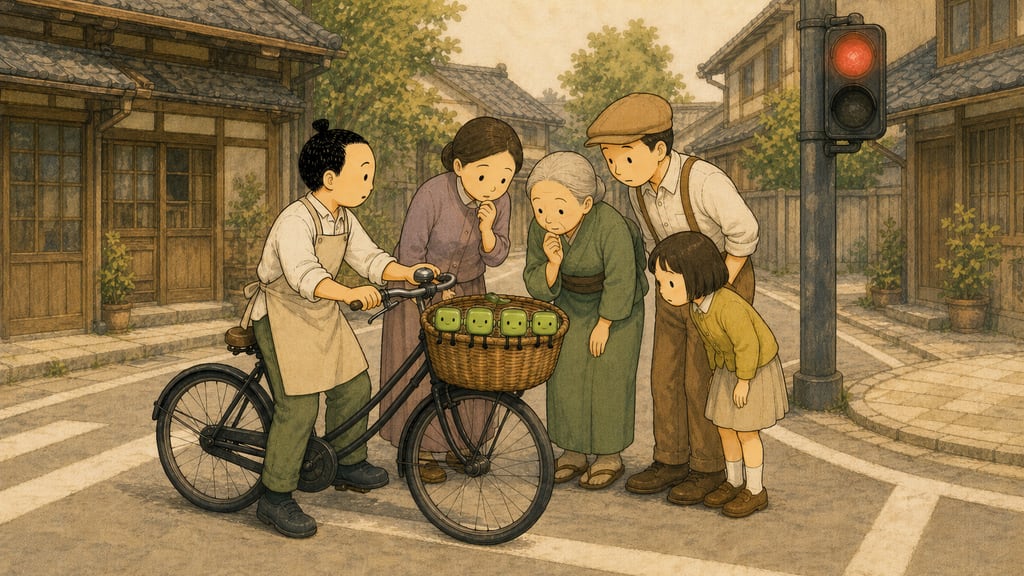 Red-light set piece: pedestrians gathered beside the stopped bicycle, four creatures in perfect statue pose in the basket