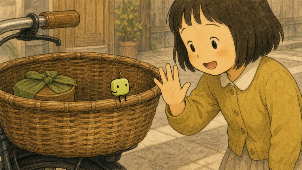 A small child waving directly at the basket, the tiniest creature's arm beginning to lift despite itself