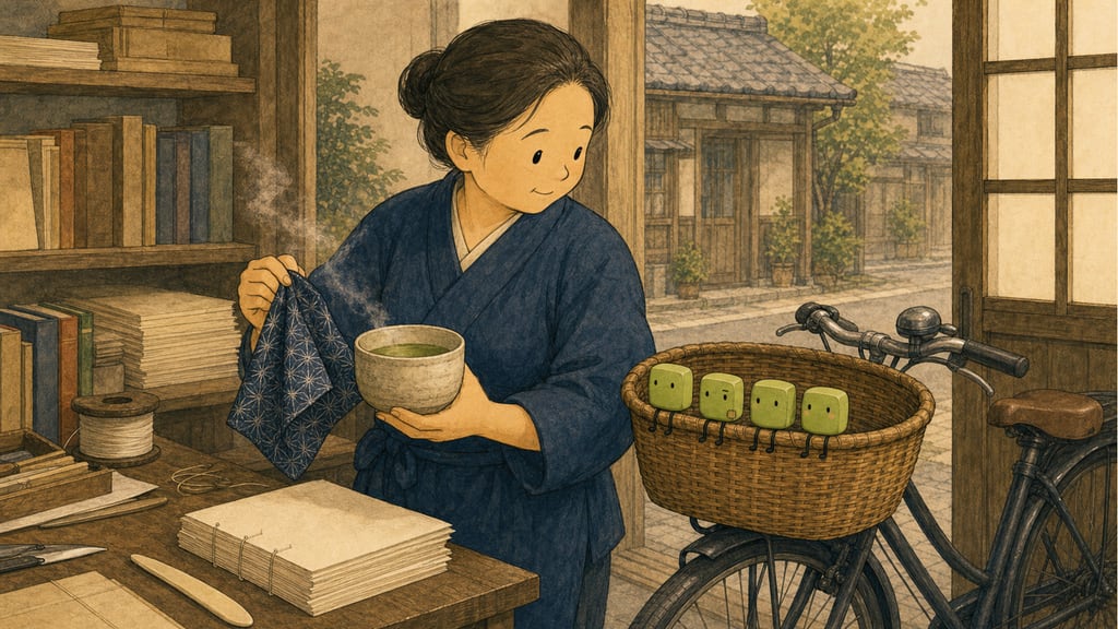 The bookbinder unwrapping the still-steaming cup at her door, looking sideways at the four statue-posed creatures