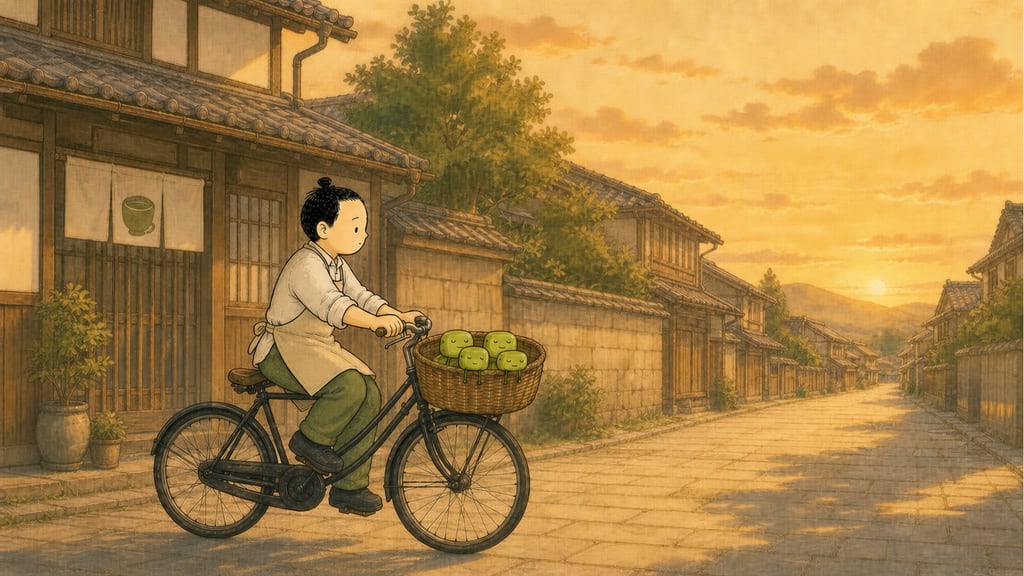 Closing frame: the bicycle riding home into evening light, empty carrier, four creatures asleep in a heap in the basket