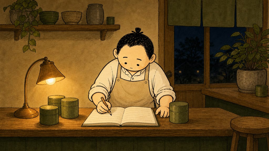 Night ritual: the barista counting tea tins with a pencil stub, ledger open on the counter, lamplight